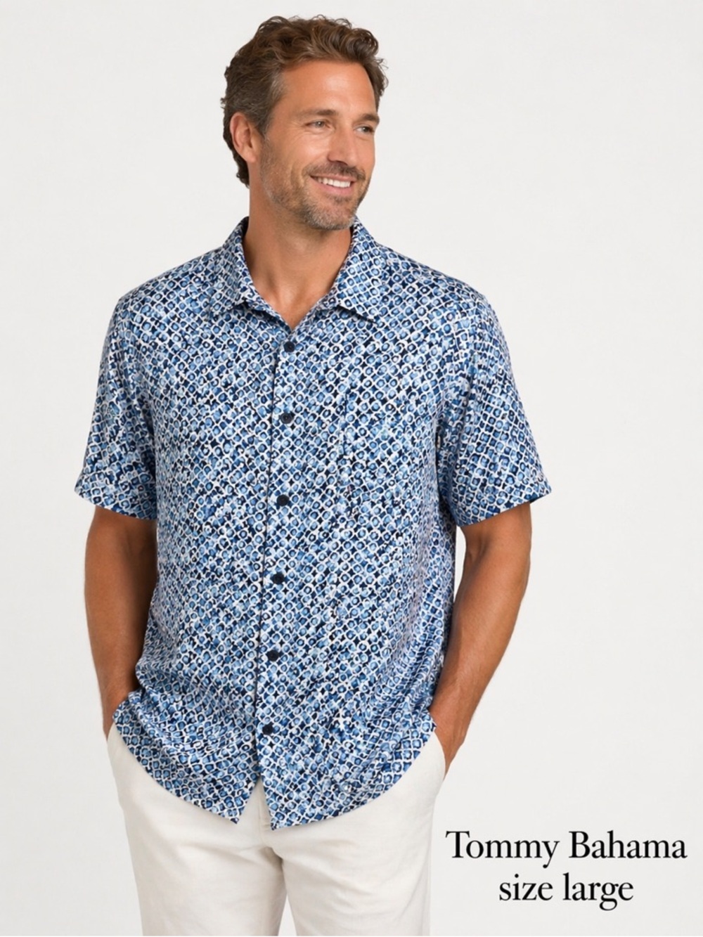 Tommy Bahama Blue & White Print Button Front Silk-Like Shirt - Large